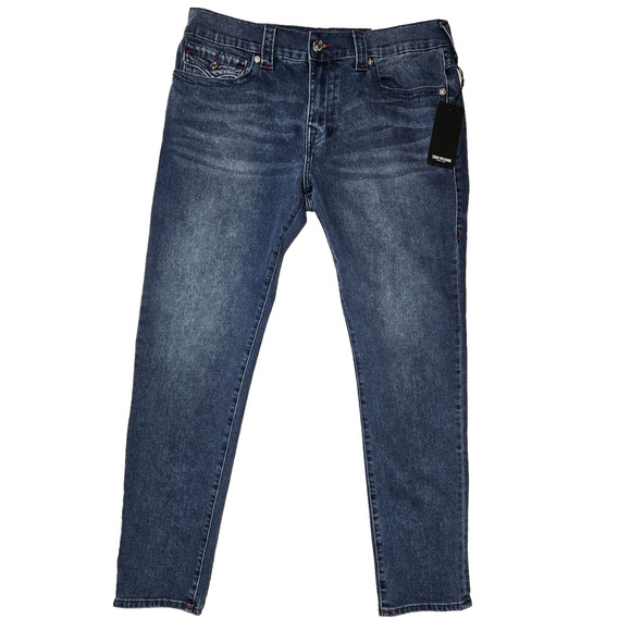 True Religion Rocco Relaxed Skinny Jeans Mens 34x32 Blue Tidal Wash Flap Pockets